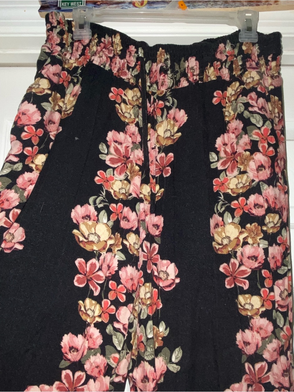 Black Floral Pull-On Pants with Pink & Gold Blooms